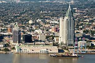 Ship passing Downtown Mobile - aerial