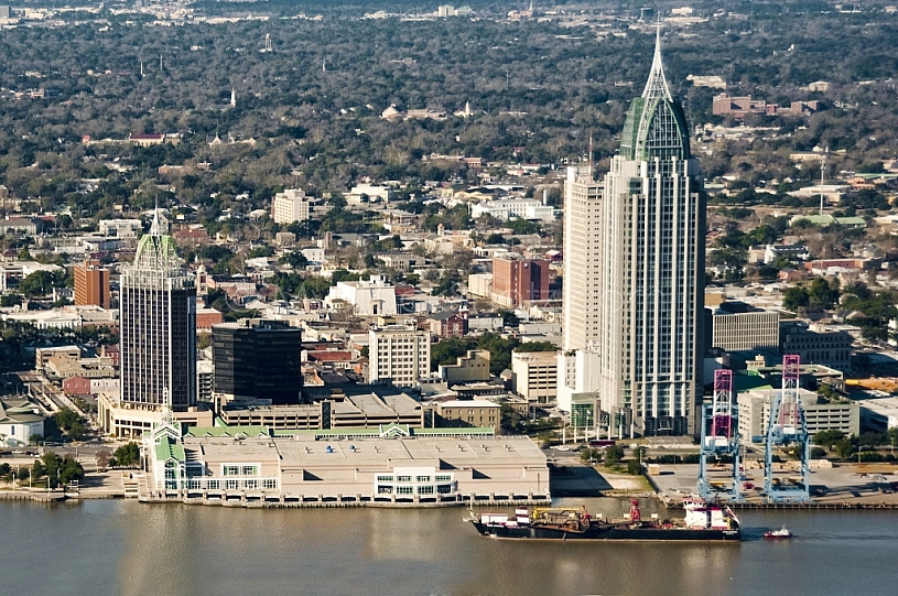 Ship passing Downtown Mobile - aerial